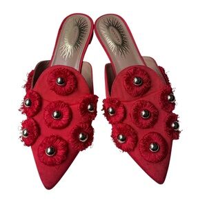 Aquazzura Red Sunflower Embellished Moire Mules Fringe Detail Leather 35.5 5.5